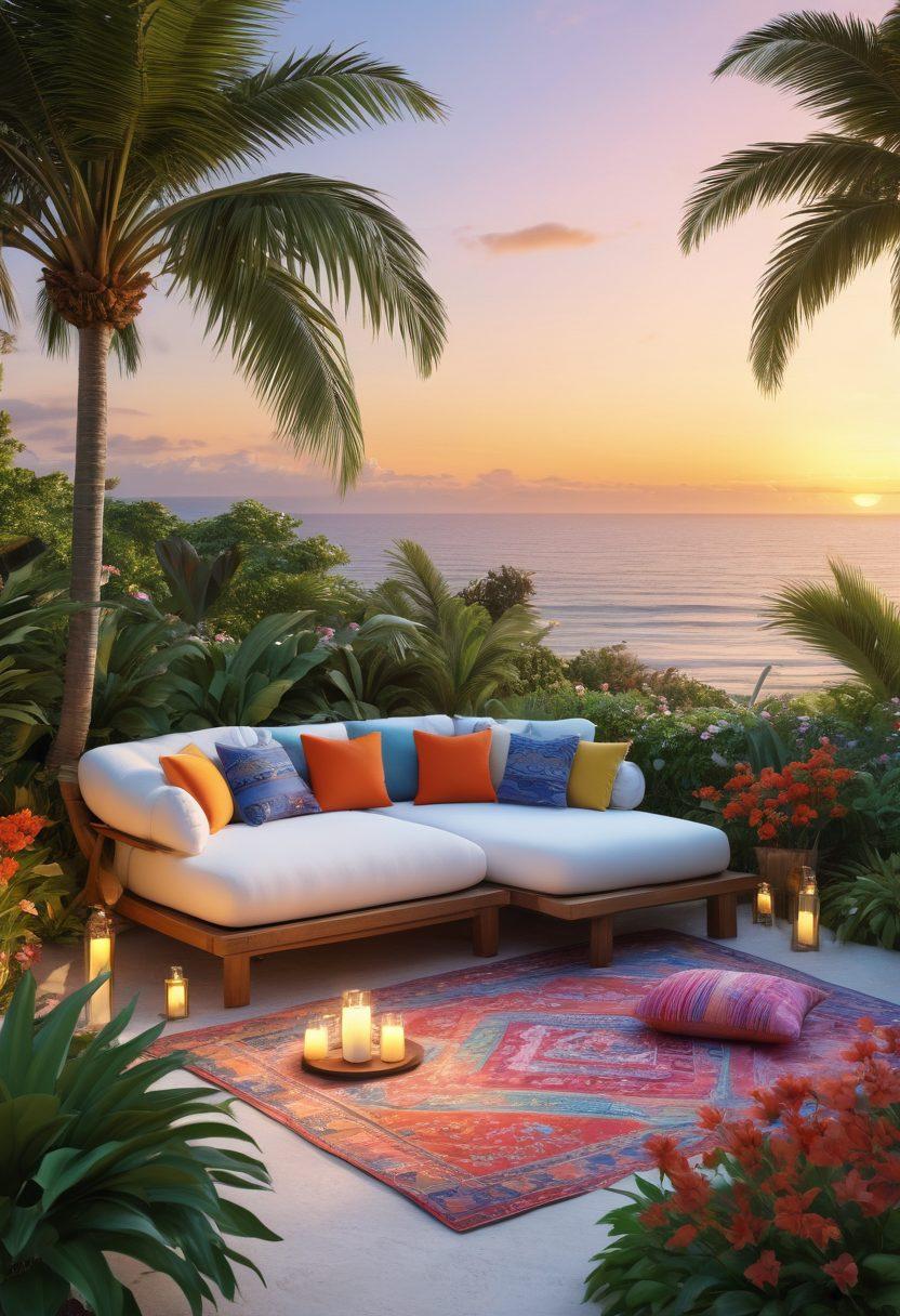 A serene landscape featuring a tranquil retreat by the ocean, surrounded by lush greenery and colorful flowers. Include a peaceful yoga area with mats and candles, soft light filtering through palm trees, and a cozy, inviting seating area with cushions and blankets. A crystal-clear sky with a gentle sunset enhances the calming atmosphere. super-realistic. vibrant colors. 3D.