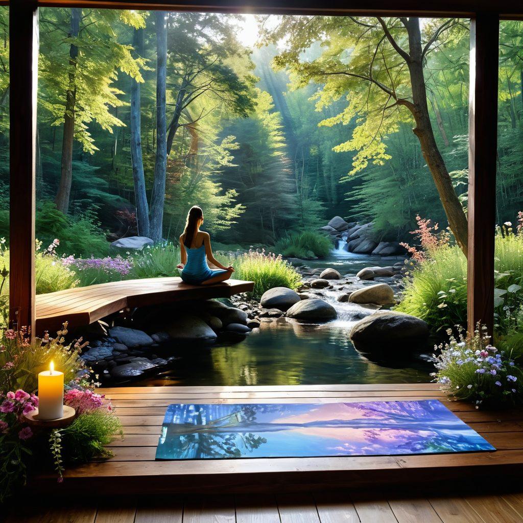 A serene retreat scene featuring a tranquil forest setting with a flowing river, a meditative figure practicing yoga on a wooden deck, and vibrant wildflowers all around. Include soft, diffused sunlight filtering through the trees, a sense of peace and renewal in the air. Elements of healing like crystals and candles subtly placed around. super-realistic. vibrant colors. natural lighting.